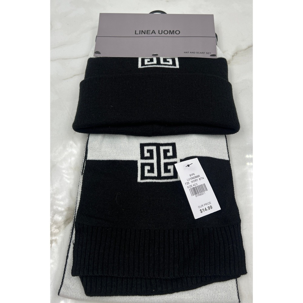 Linea Uomo Men's Beanie Hat and Scarf Set Black Ivory Greek Key NWT Gift
